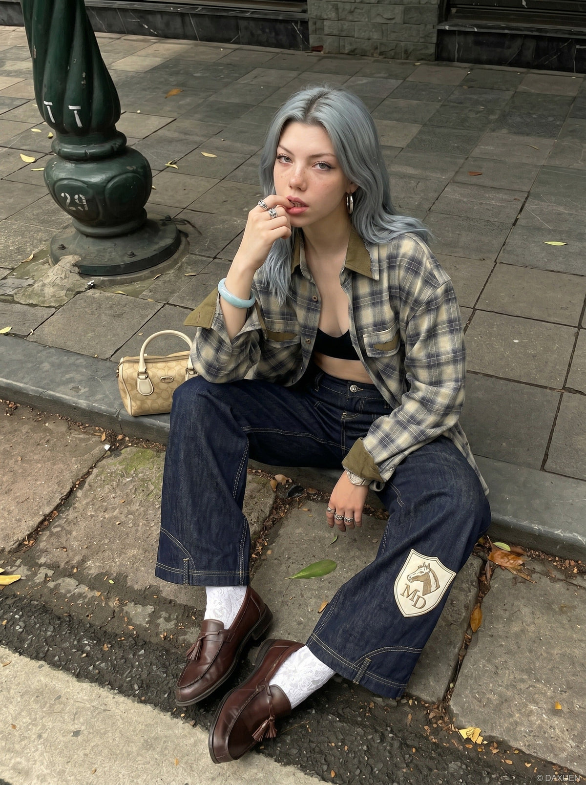 DAXUEN Wide-leg denim jeans with embroidered details — model photo