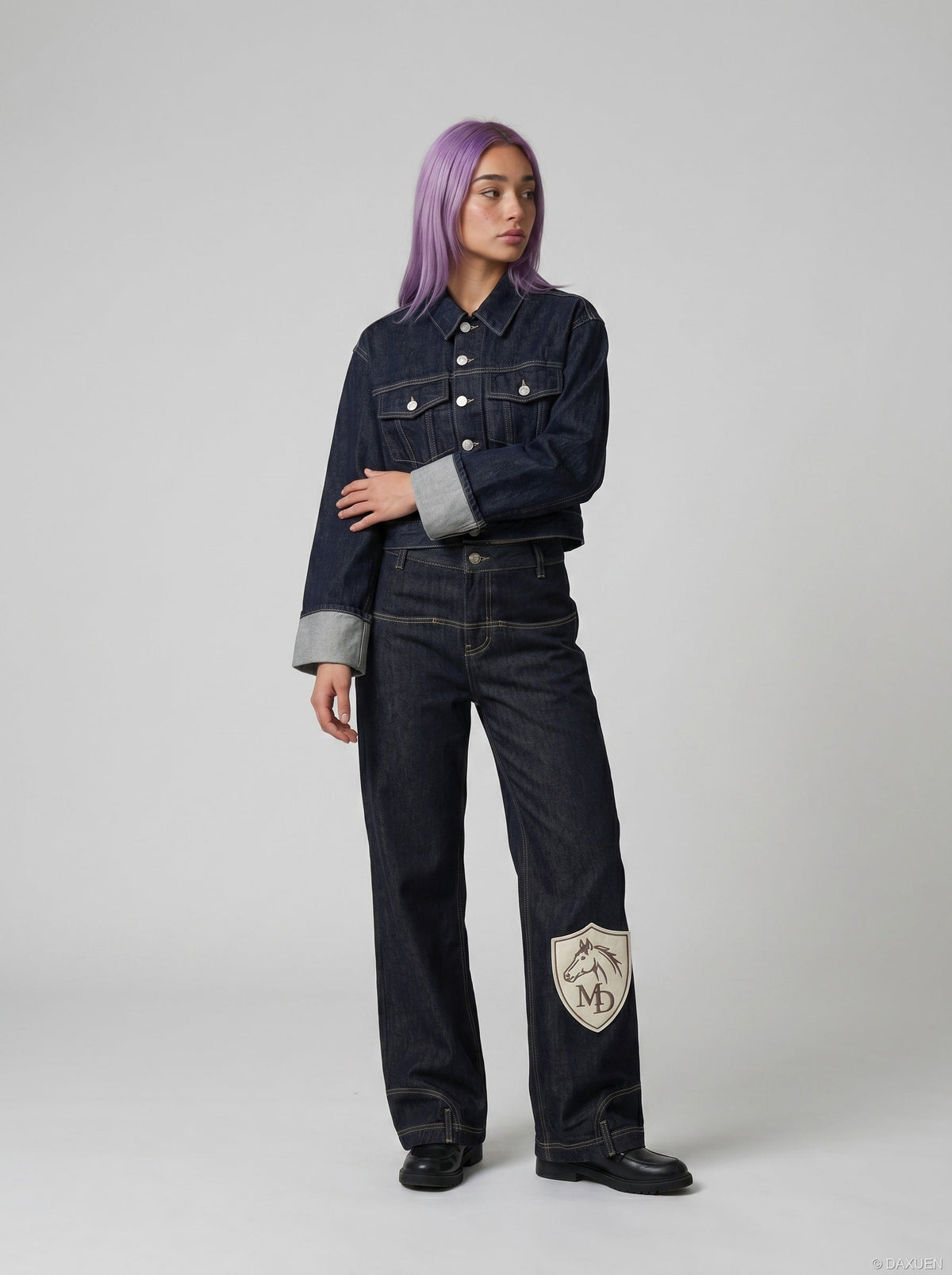 DAXUEN Wide-leg denim jeans with embroidered details — model photo