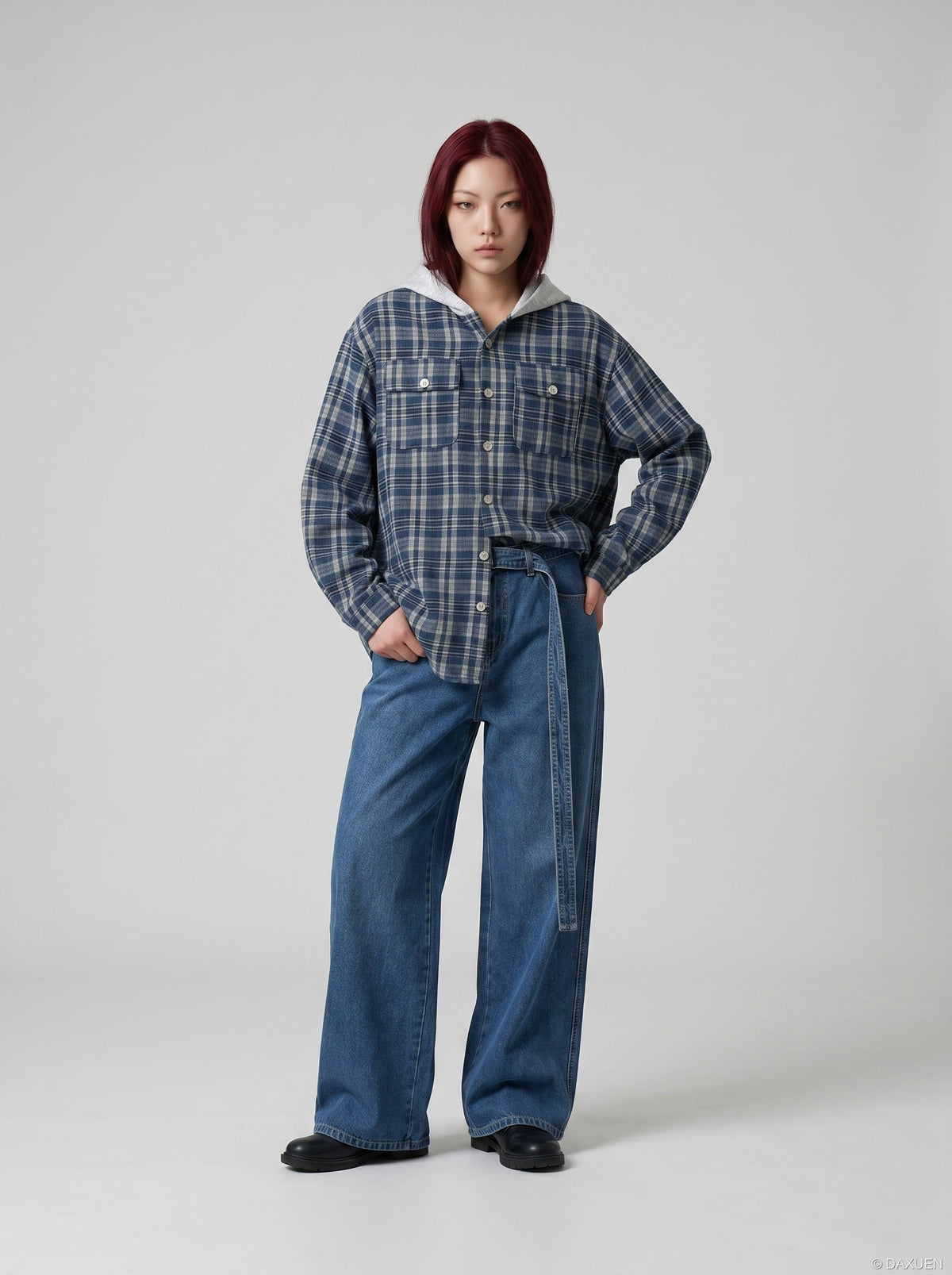 DAXUEN Wide-leg denim jeans with sash — model photo