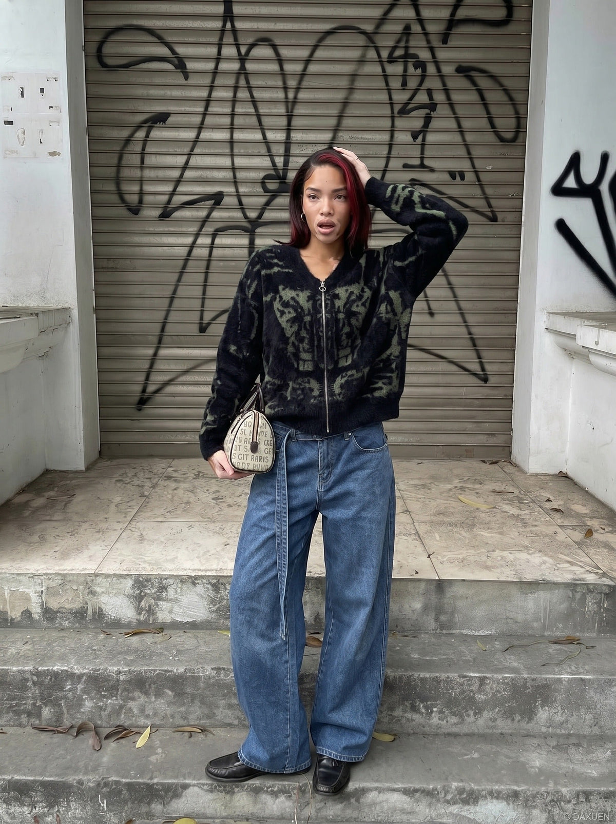 DAXUEN Wide-leg denim jeans with sash — model photo
