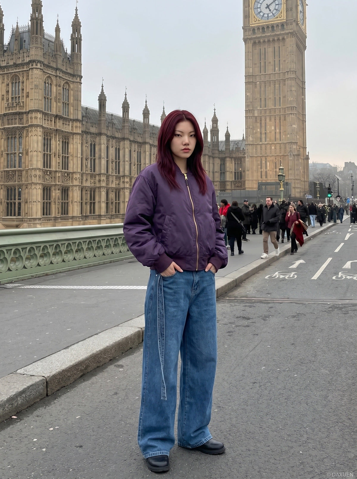 DAXUEN Wide-leg denim jeans with sash — model photo