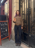 DAXUEN Wide-leg denim pants with slits and contrasting stitching — model photo