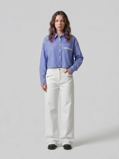 DAXUEN Wide-leg denim trousers in dark indigo, white, and black — model photo