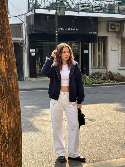 DAXUEN Wide-leg denim trousers in dark indigo, white, and black — model photo