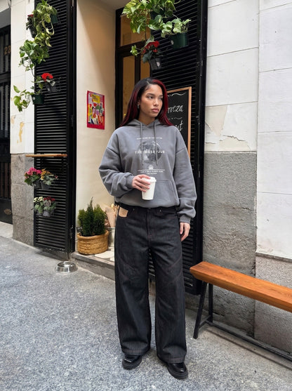 DAXUEN Wide-leg denim trousers with red stitching — model photo