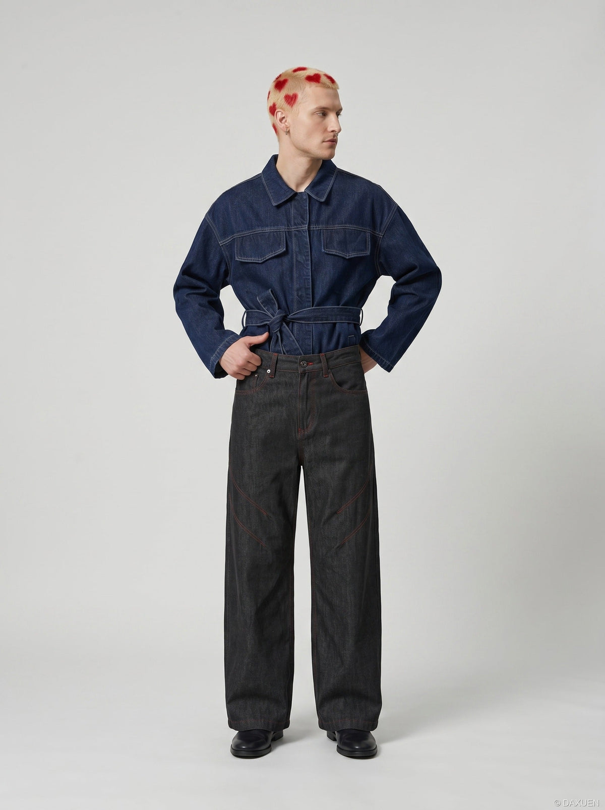 DAXUEN Wide-leg denim trousers with red stitching — model photo