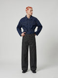 DAXUEN Wide-leg denim trousers with red stitching — model photo