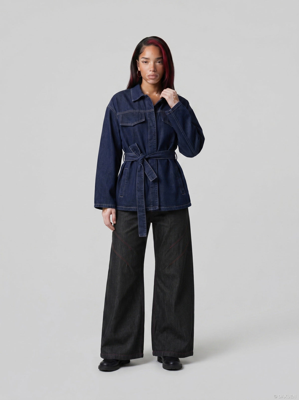 DAXUEN Wide-leg denim trousers with red stitching — model photo