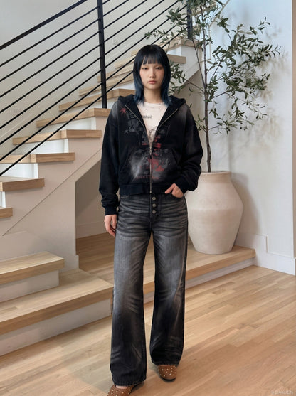 DAXUEN Wide-leg denim jeans with gradient wash and button fly — model photo
