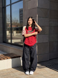 DAXUEN indigo wide-leg denim jeans with contrast stitching — model photo