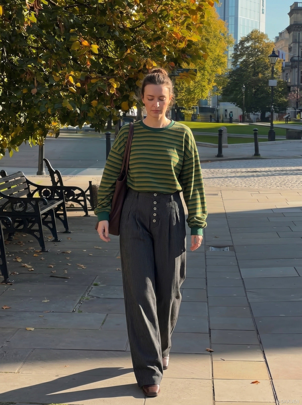 DAXUEN Wide-leg pinstripe trousers in dark charcoal grey — model photo