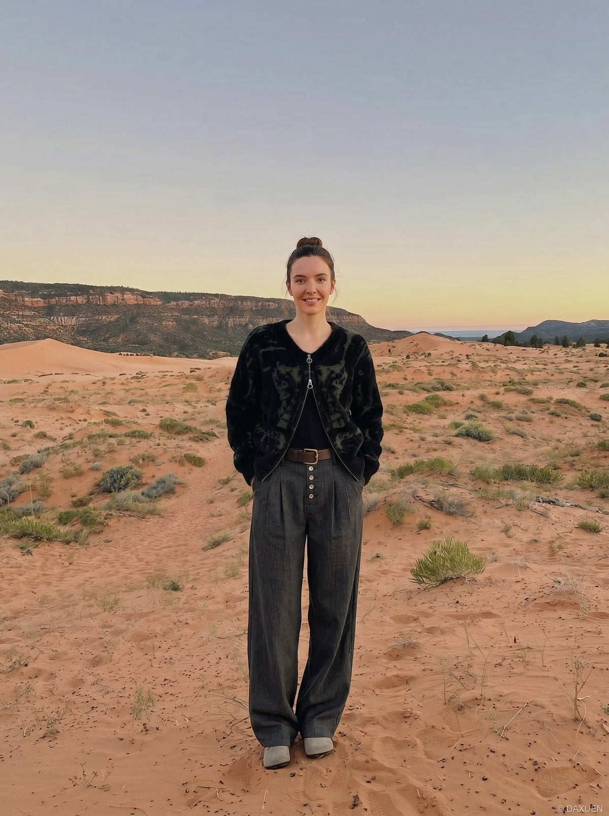 DAXUEN Wide-leg pinstripe trousers in dark charcoal grey — model photo
