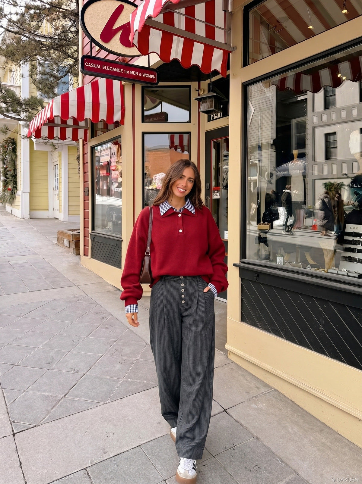 DAXUEN Wide-leg pinstripe trousers in dark charcoal grey — model photo