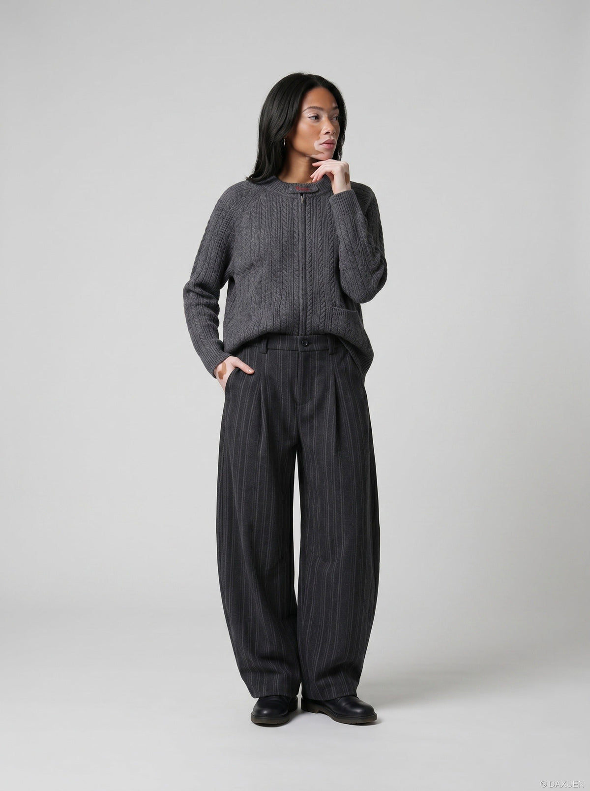 DAXUEN Wide-leg pinstripe trousers in dark grey — model photo