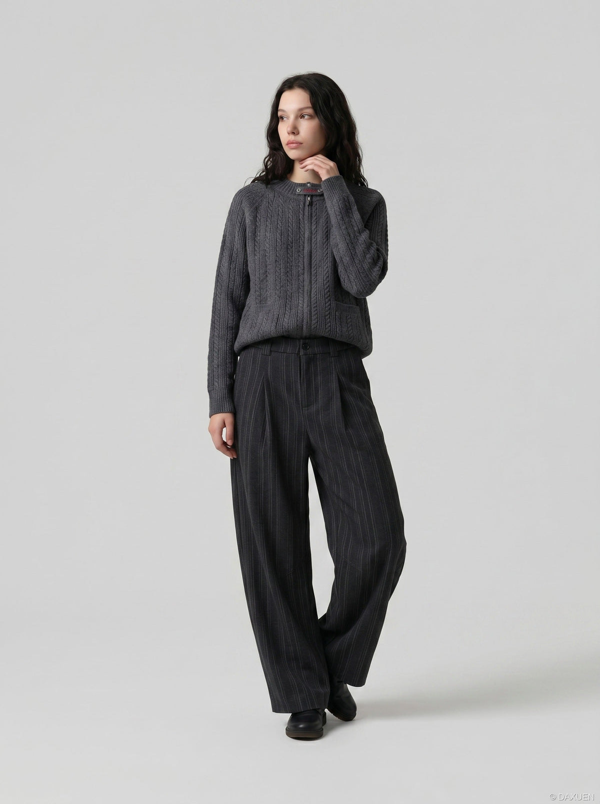 DAXUEN Wide-leg pinstripe trousers in dark grey — model photo