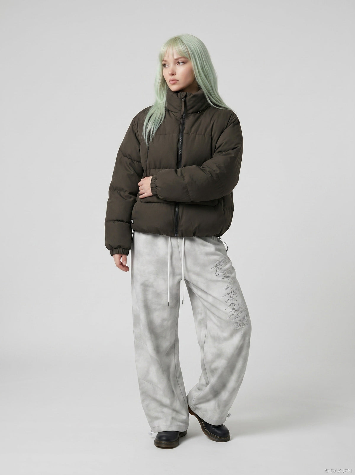 DAXUEN Wide-leg pants with studded graphic design — model photo