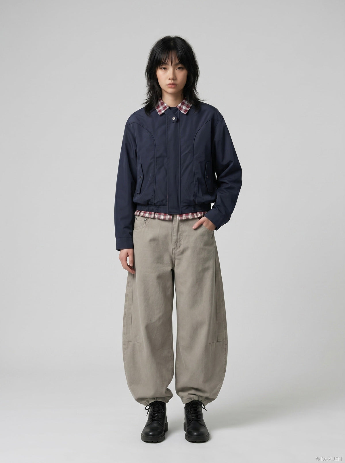 DAXUEN Wide-leg trousers in light khaki color — model photo