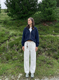 DAXUEN white wide-leg denim trousers with contrast stitching — model photo