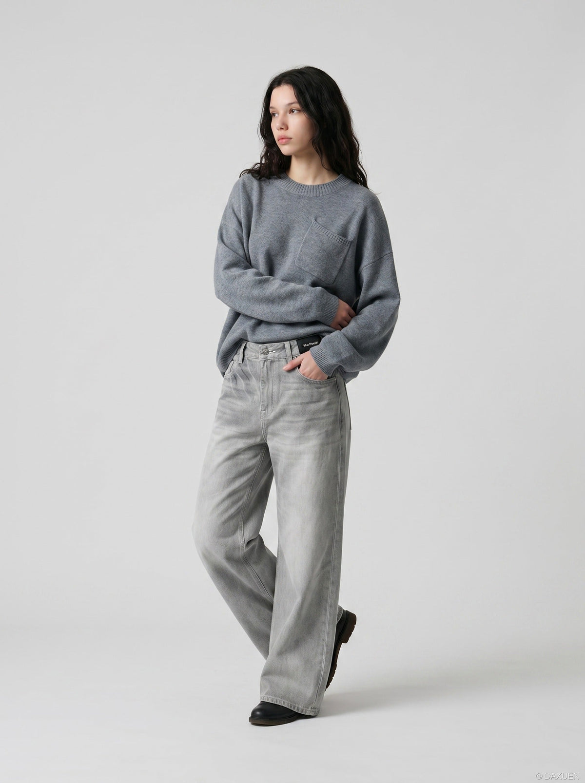 DAXUEN Wide-leg jeans in light washed grey denim — model photo
