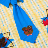 DAXUEN yellow blue plaid oversized shirt with dog tie