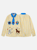 DAXUEN yellow blue plaid oversized shirt with dog tie