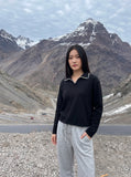 DAXUEN Zig-zag trim long sleeve polo top — model photo