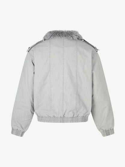 Studded Faux-Fur Collar Bomber Coat; Gray / S, Gray / M, Gray / L, Gray / XL