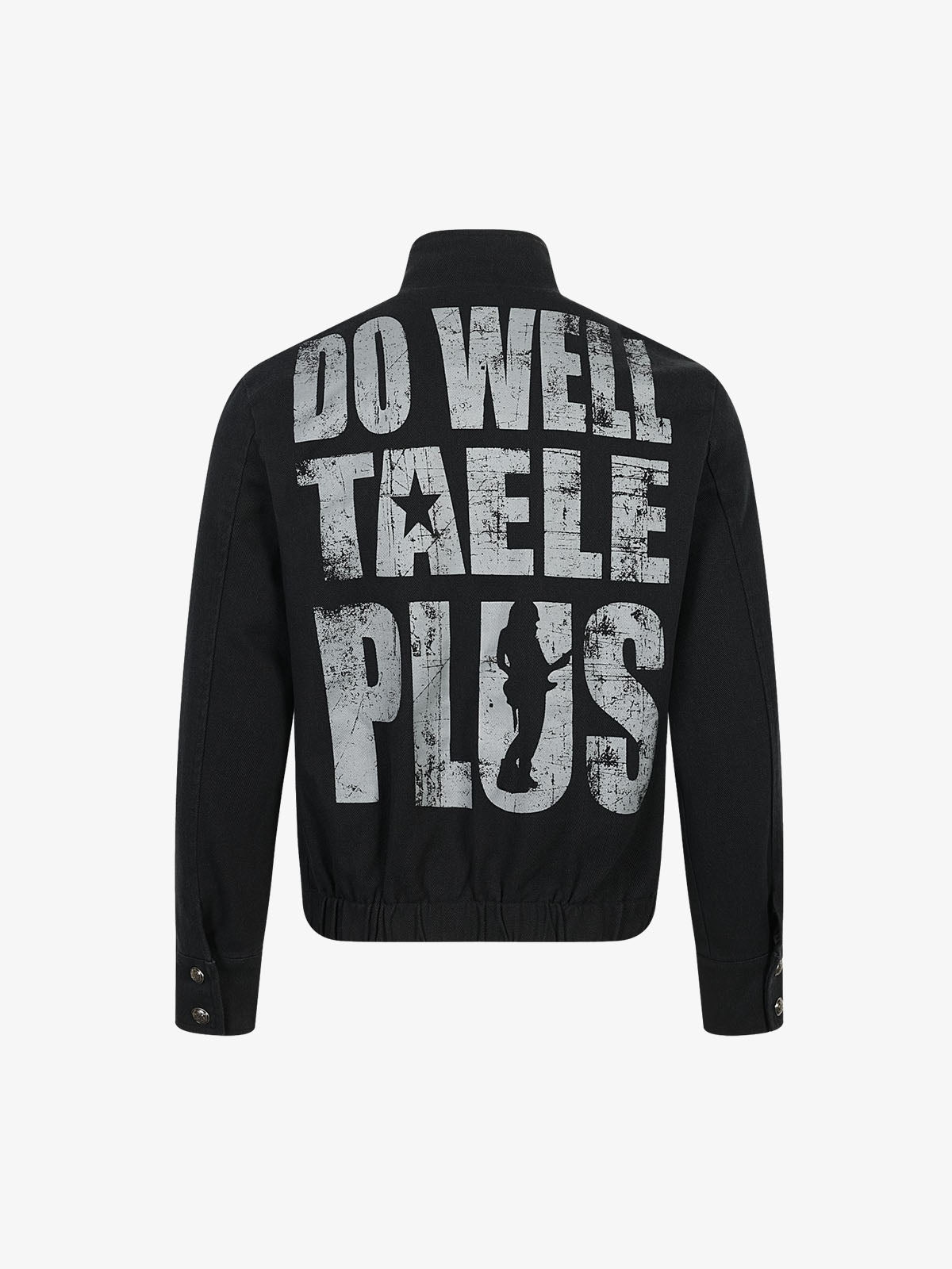 Asymmetric Button-Front Letter Graphic Jacket; Black / S, Black / M, Black / L, Black / XL