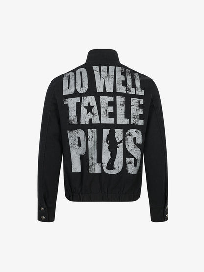 Asymmetric Button-Front Letter Graphic Jacket; Black / S, Black / M, Black / L, Black / XL