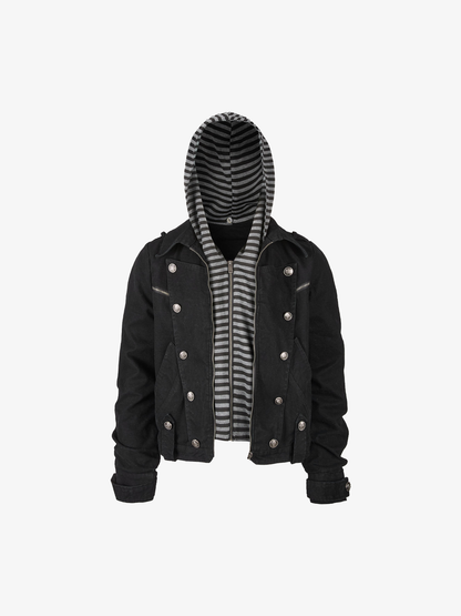 Detachable Striped-Hood Crop Jacket; Black / M, Black / L, Black / XL, Black / 2XL