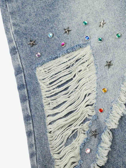 Layered Rhinestone Baggy Jeans; Light Blue / S, Light Blue / M, Light Blue / L, Light Blue / XL