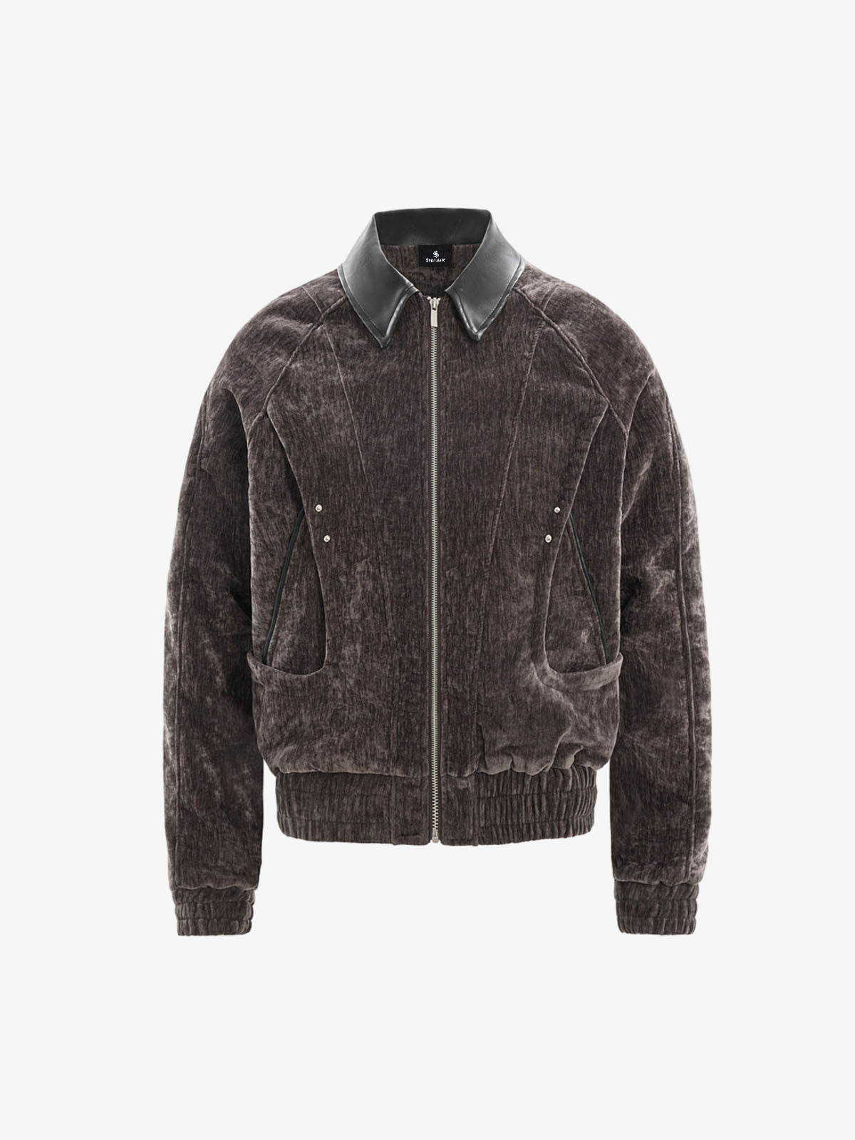 Oversized Pocket Color Block Faux Leather Lapel Jacket; Coffee / S, Coffee / M, Coffee / L, Coffee / XL