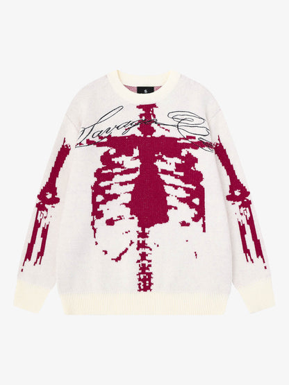 Dark Skull Jacquard Knit Sweater; White / M, White / L, White / XL, White / 2XL