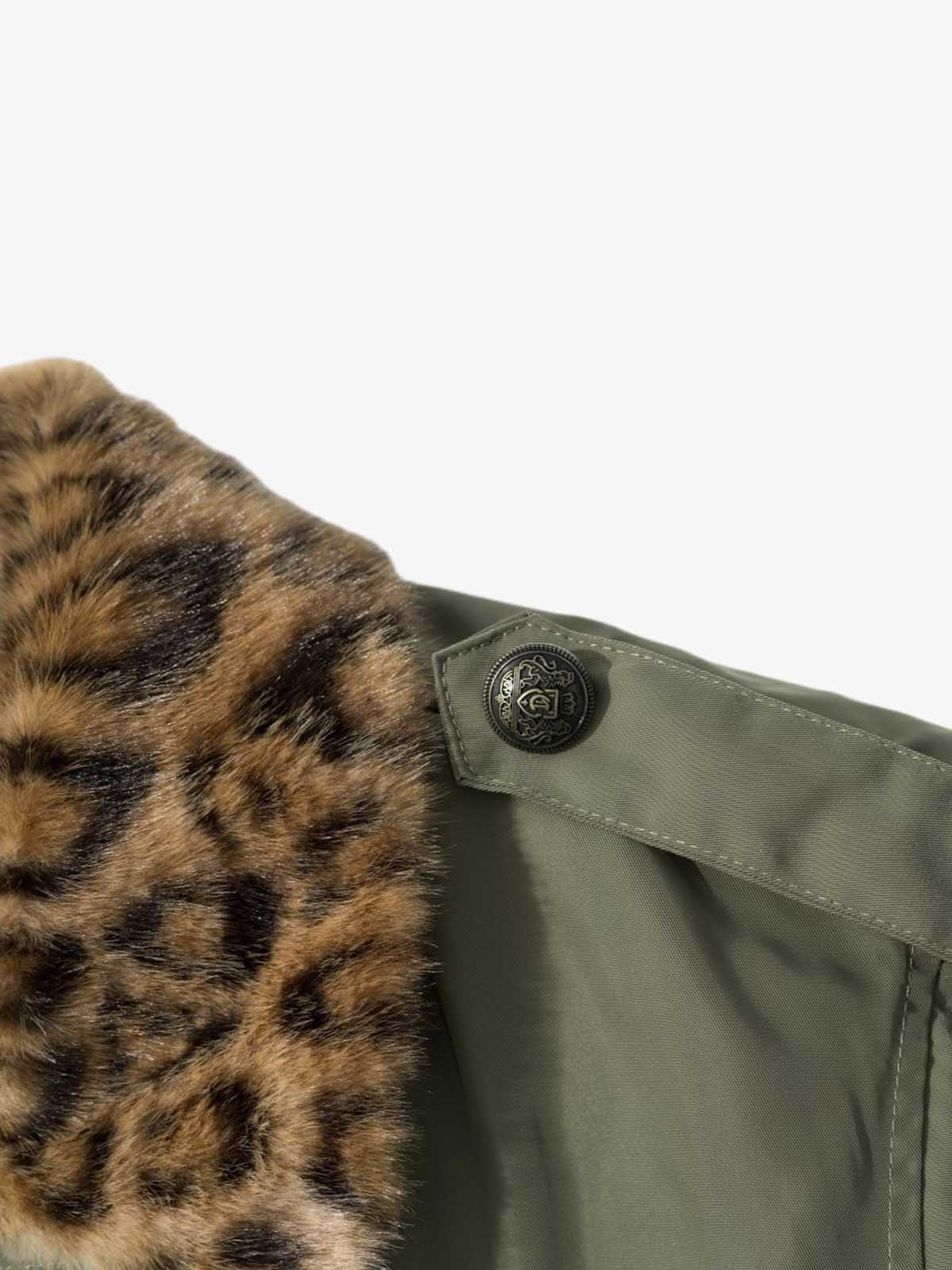 Leopard Faux-Fur Collar Button-Front Padded Coat; Gray-Green / S, Gray-Green / M, Gray-Green / L, Gray-Green / XL