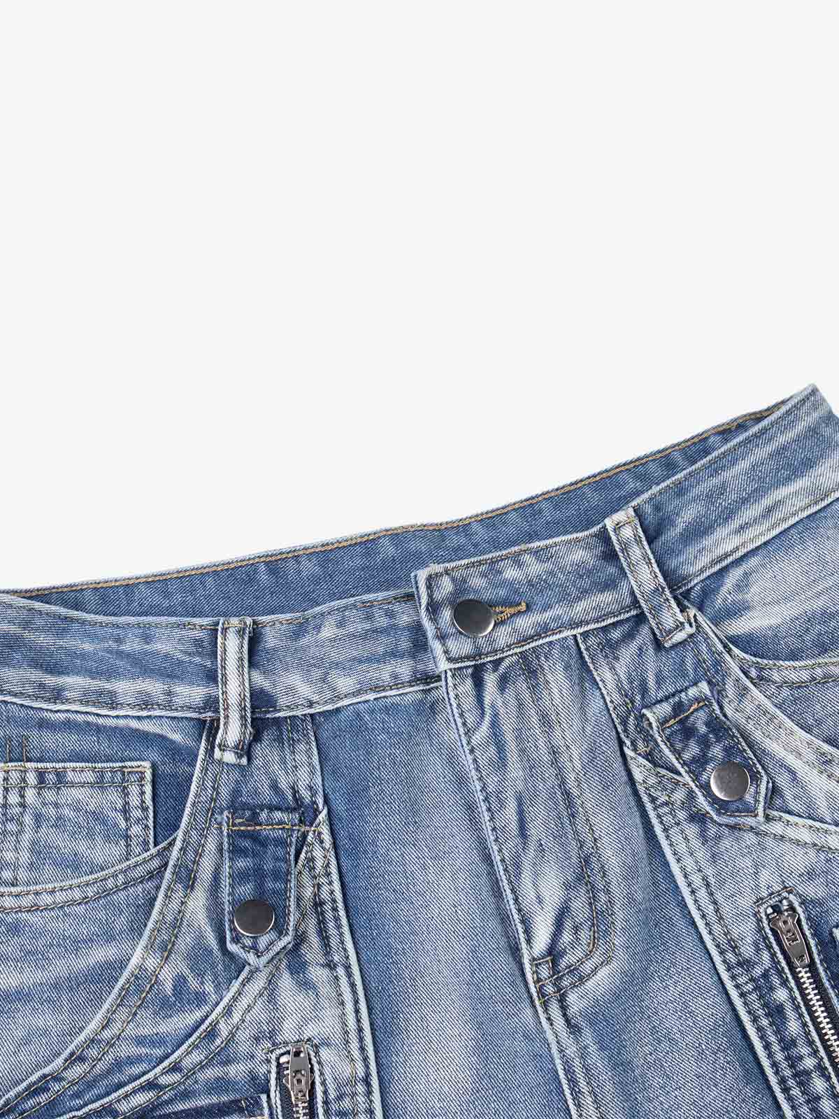 Washed Multi-Pocket Curved-Seam Cargo Jeans; Blue / S, Blue / M, Blue / L, Blue / XL