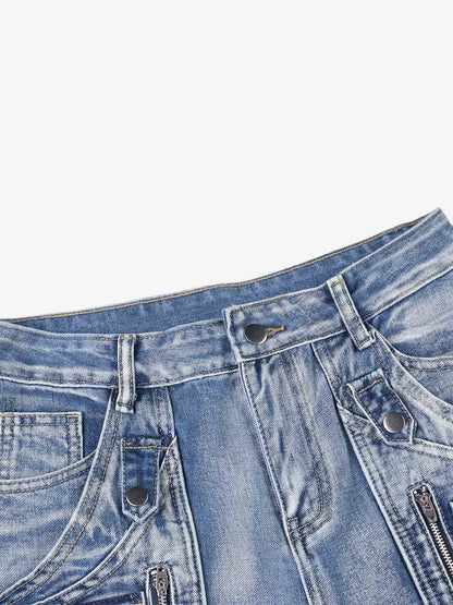 Washed Multi-Pocket Curved-Seam Cargo Jeans; Blue / S, Blue / M, Blue / L, Blue / XL