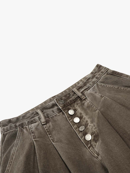Multi-Button Pleated Curved-Leg Jeans; Gray / S, Gray / M, Gray / L, Gray / XL, Gray / 2XL