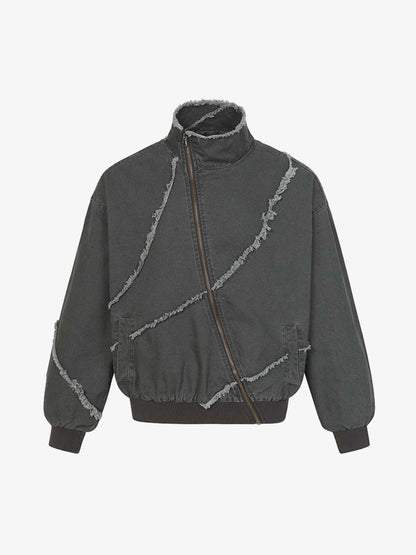 Deconstructed Patchwork Frayed Washed Jacket; Gray / S, Gray / M, Gray / L, Gray / XL