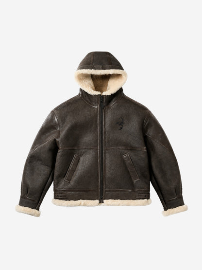 Embossed Faux-Shearling Lined PU Leather Jacket