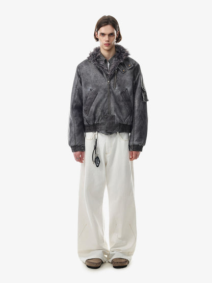 Washed High-Collar Multi-Zip Bomber Coat