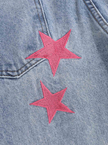 Pink Letter Embroidered Curved-Seam Jeans; Blue / S, Blue / M, Blue / L, Blue / XL