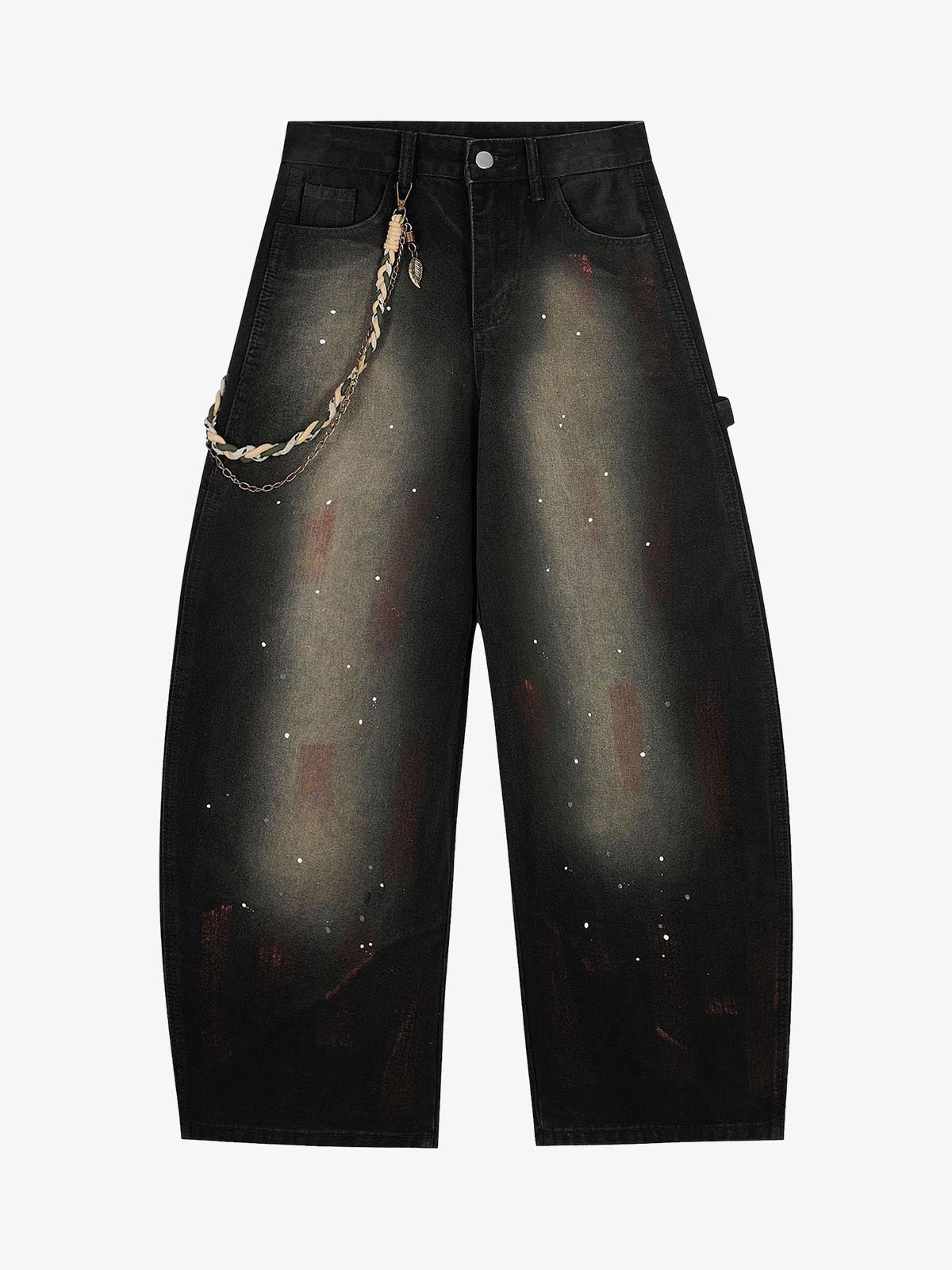Vintage Inkjet Dirty Dye Washed Scimitar Distressed Jeans; Black / S, Black / M, Black / L, Black / XL, Black / 2XL, Black / 3XL