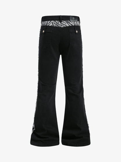 Zebra Patchwork Distressed Flared Jeans