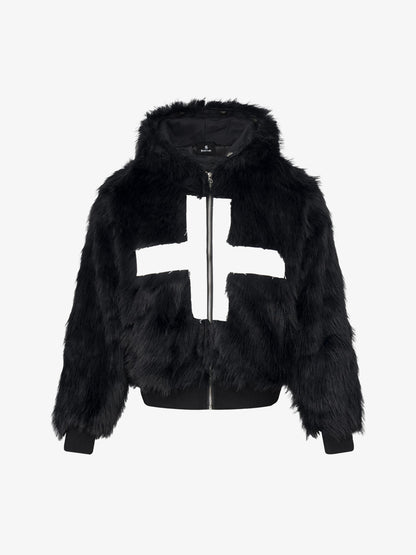 Cross Detail Faux-Fur Coat