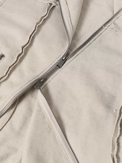 Retro Asymmetric Zip Up Deconstructed Hoodie; Apricot / S, Apricot / M, Apricot / L, Apricot / XL