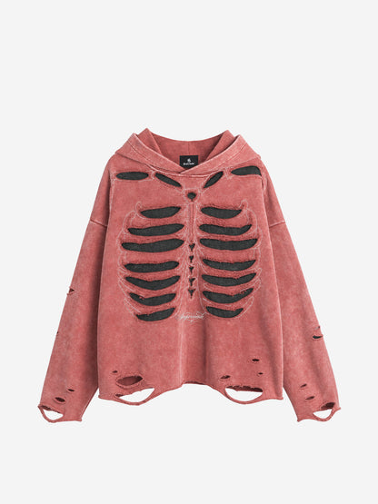 Skull Patchwork Distressed Washed Cropped Hoodie