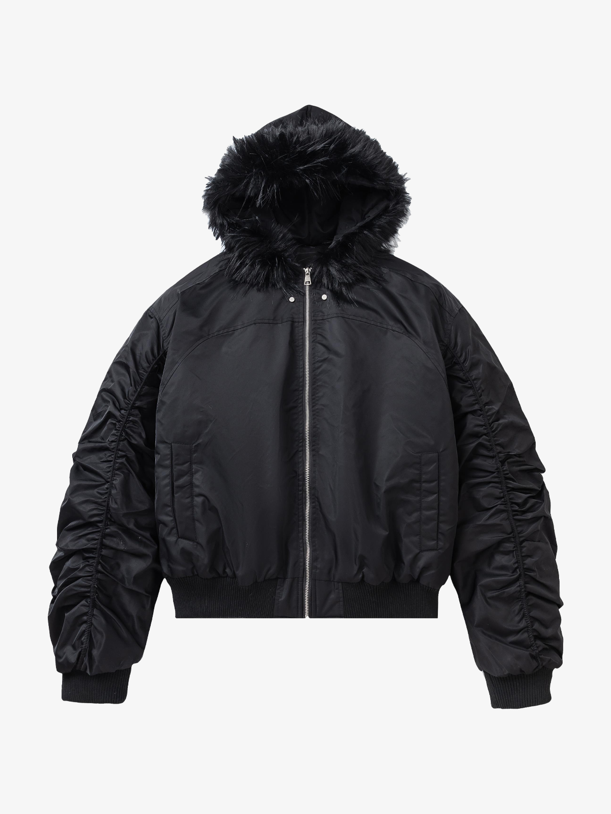 Faux-Fur Hood Ruched-Sleeve Padded Coat