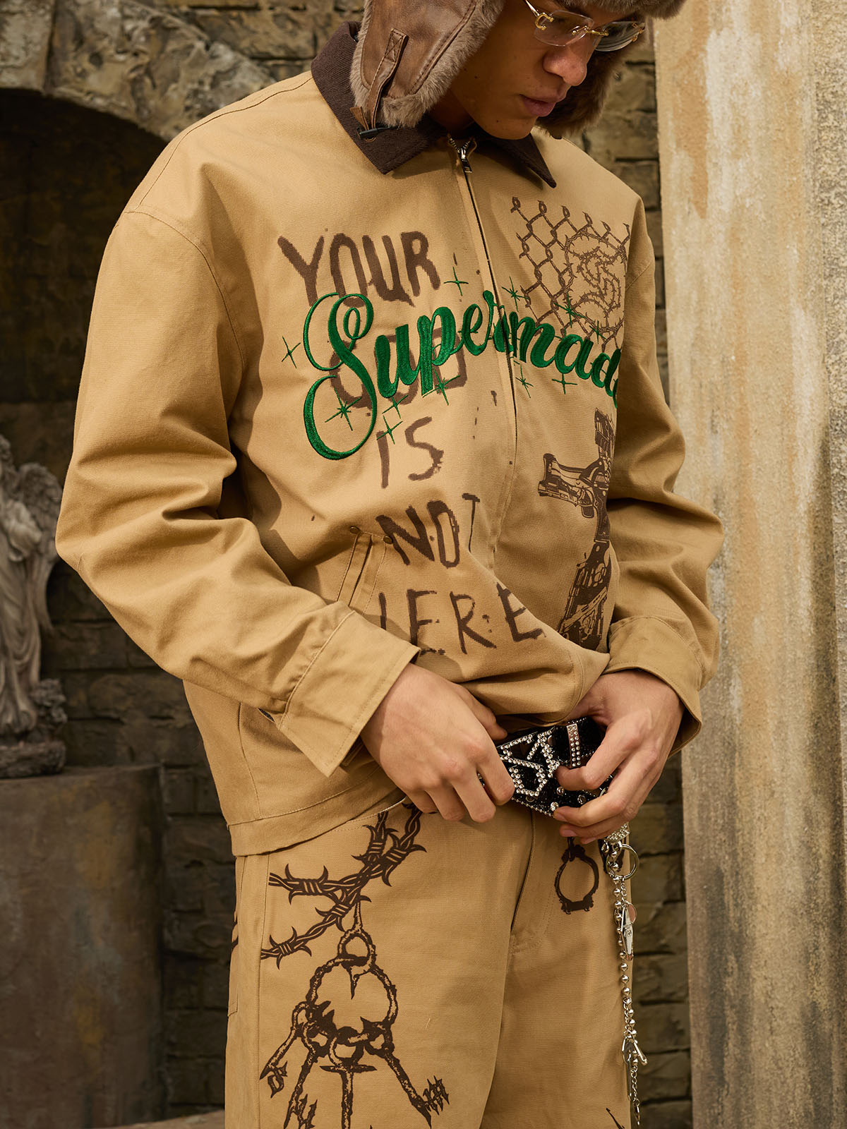 Supermade “Your God Is Not Here” Slogan Print Color-Blocked Embroidered Retro Canvas Jacket; Khaki / S, Khaki / M, Khaki / L, Khaki / XL, Khaki / 2XL