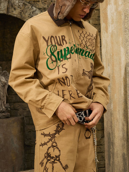 Supermade “Your God Is Not Here” Slogan Print Color-Blocked Embroidered Retro Canvas Jacket; Khaki / S, Khaki / M, Khaki / L, Khaki / XL, Khaki / 2XL