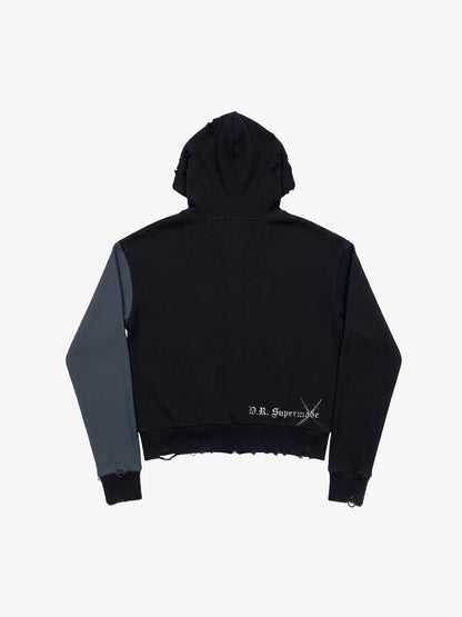 Skull Graphic Paneled Waffle Zip Hoodie; Basic Black / S, Basic Black / M, Basic Black / L, Basic Black / XL, Basic Black / 2XL